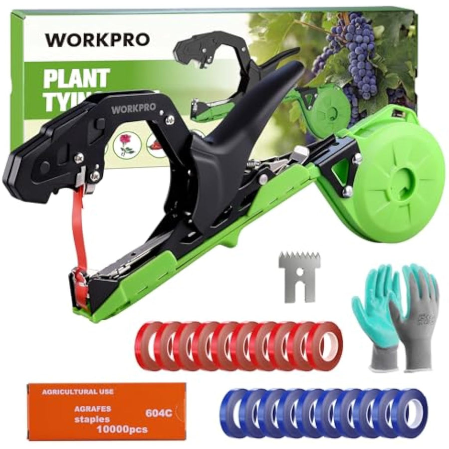 WORKPRO Plant Tying Machine, Lightweight Tape Gun for Tying Vines and Support Plants, Includes Gloves, 20 Rolls of Tape, 10,000 Staples, Ideal for Tomatoes, Grapes, Cucumber and Vegetables
