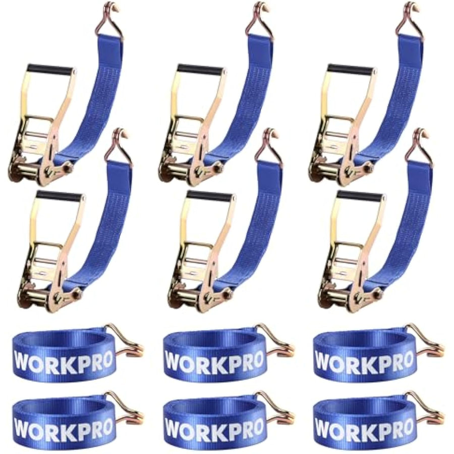 WORKPRO Ratchet Tie Down Straps, 6-Pack | 2" x 15' | 5000 lbs Break Strength Heavy Duty Ratchet Straps, Fits for Moving Appliances Motorcycle ATV Truck (Blue)
