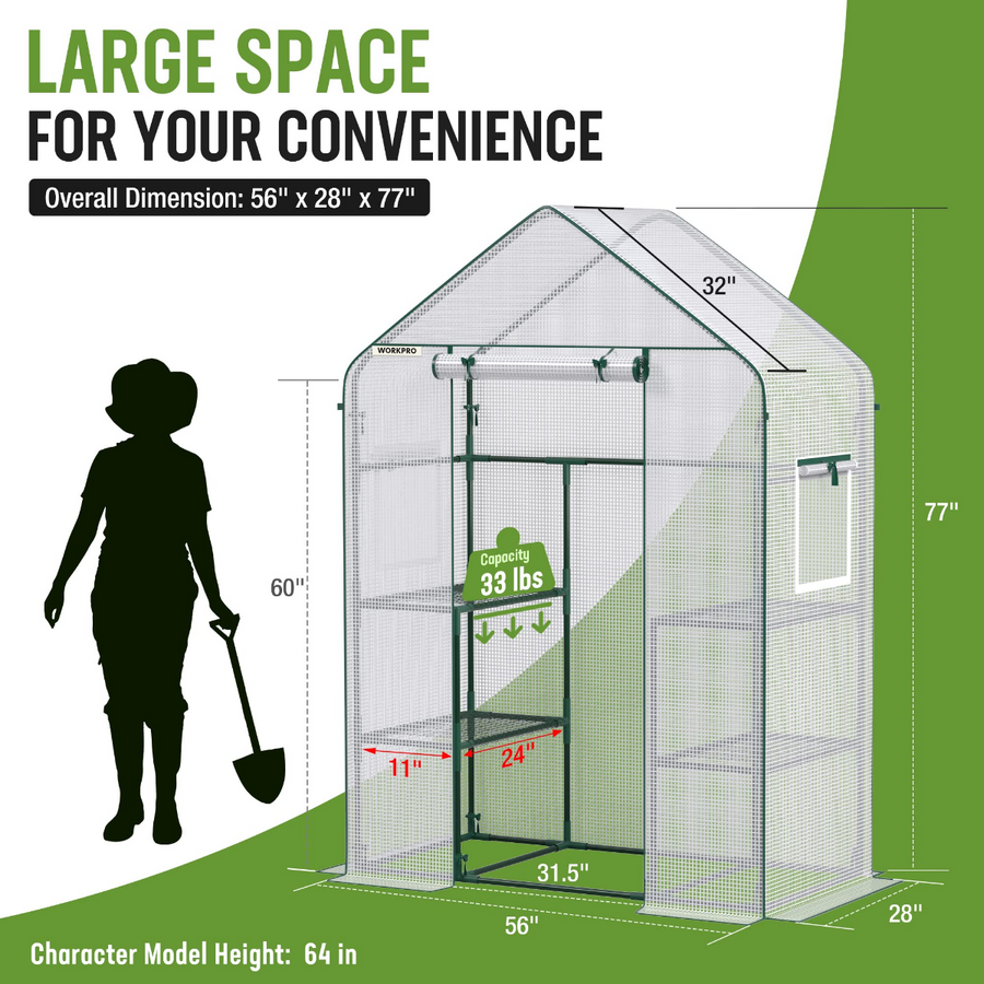 WORKPRO 56" L X 28" W X 77" H 3 Tier 4 Shelves Portable Mini Walk-in Greenhouse