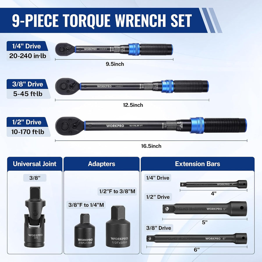 WORKPRO 9PCS Click Torque Wrench Set, 1/4" 3/8" 1/2" Drive, ±3% Accuracy