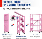WORKPRO 4-Tier Folding Shelf, No-Assembly Metal Storage Rack with Wheels, 600 lbs Capacity (with Leveling Feet), Collapsible Shelving Unit for Kitchen, Pantry, Closet & Craft Shows - Pink