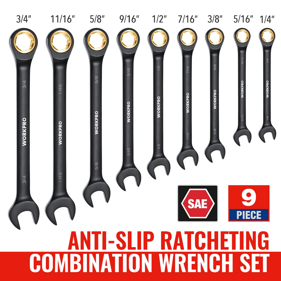 WORKPRO 9 Pcs Black Anti-Slip Ratcheting Combination Wrench Set, SAE 1/4"-3/4", 72-Teeth, Cr-V Constructed