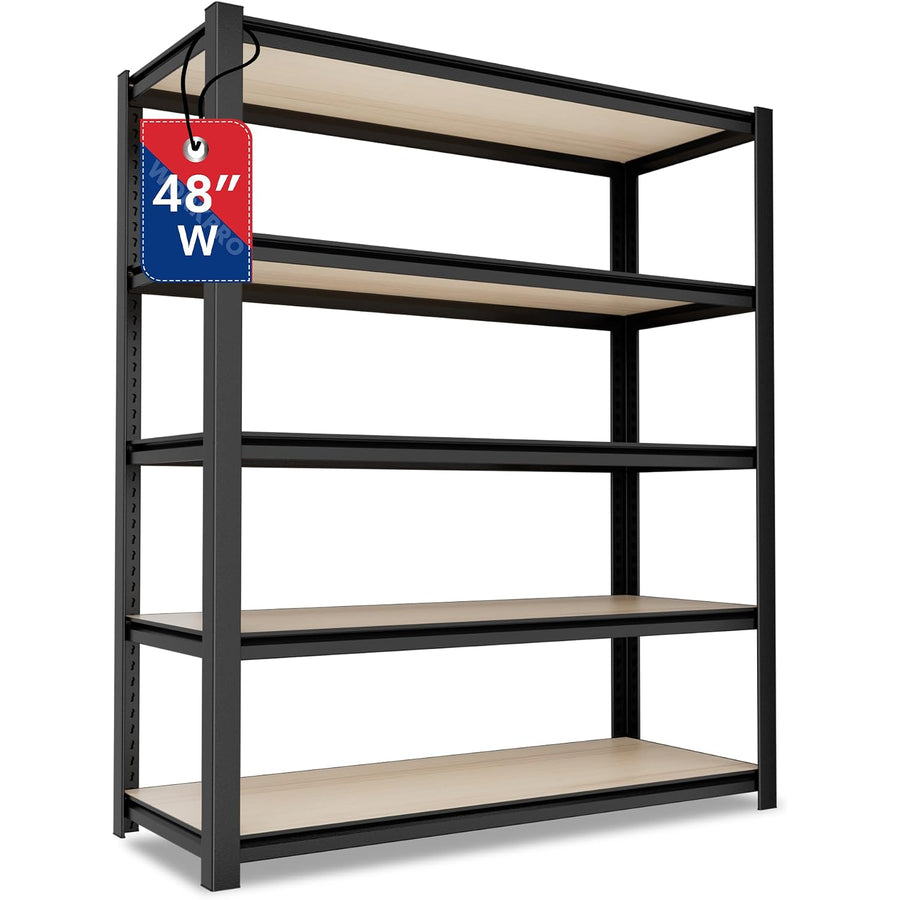 WORKPRO 5-Tier Black Shelving with Board, 48"W x 24"D x 72"H, 3000LBS Load | Adjustable, Heavy Duty, 3000lbs, Boltless Shelving for Kitchen, Living Room, Garage