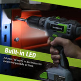 WORKPRO 20V Cordless Drill Driver Kit, 2.0 Ah Li-ion Battery, 1 Hour Fast Charger and 11-inch Green Storage Bag Included