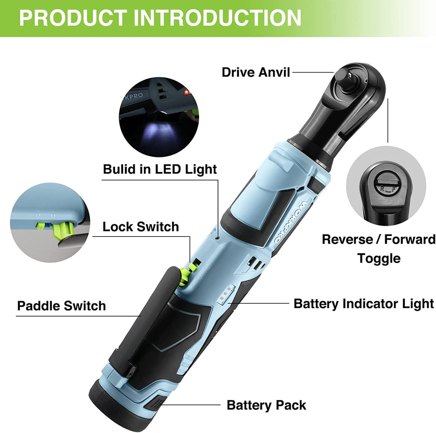 WORKPRO Cordless Electric Ratchet Wrench, 3/8" 12V 40 Ft-lbs Electric Ratchet Wrench 9 Pcs Set