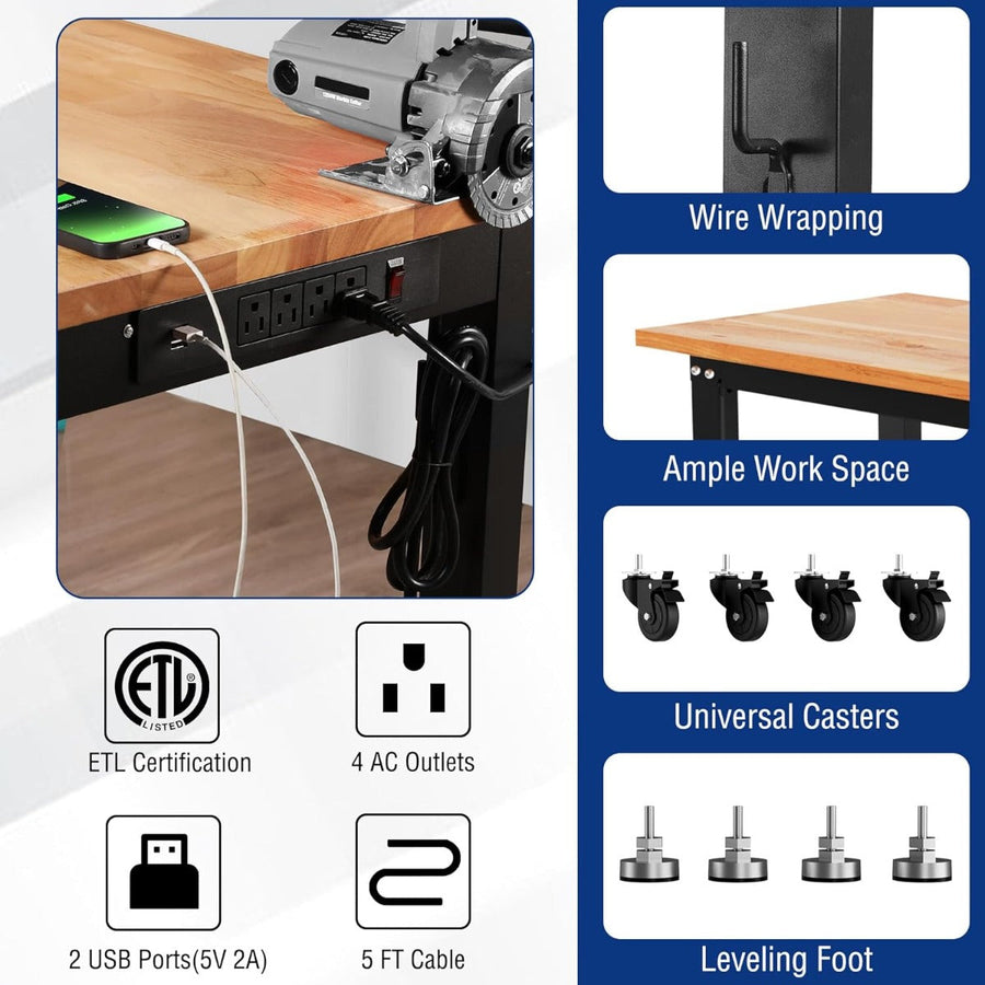 WORKPRO 48"×22" Adjustable Rubber Wood Top Workbench with Casters, Leveling Foot and Power Outlets, 1500 LBS Load Capacity