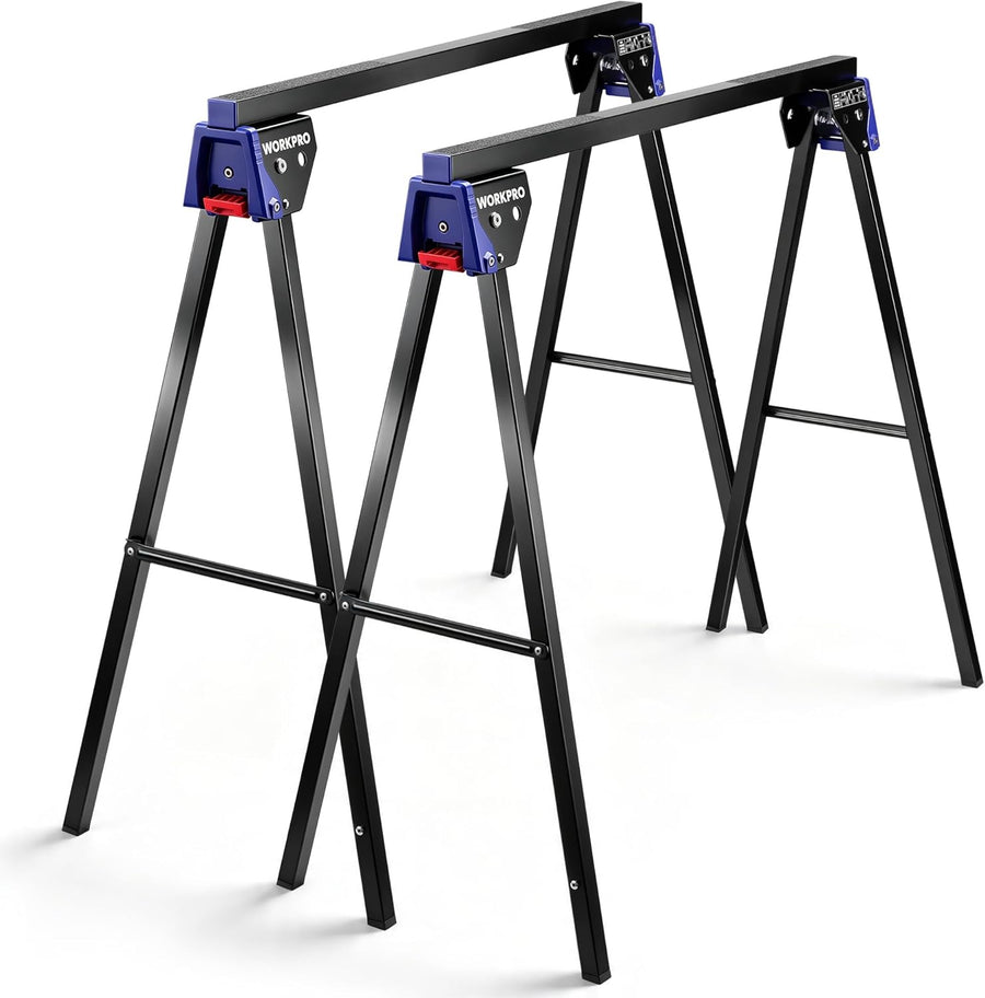 WORKPRO Folding Saw Horses 2 Pack, Heavy Duty Metal Sawhorse Supports 1800 lbs per Pair, Portable Foldable Work Stand with Lock & Carry Design for Woodworking, Garage, Workshop & Jobsite