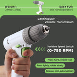 WORKPRO 12V Cordless Drill Driver Set with 6 Pcs Bits, 3/8-Inch Keyless Chuck, Variable Speed, 18 Touque Setting, White