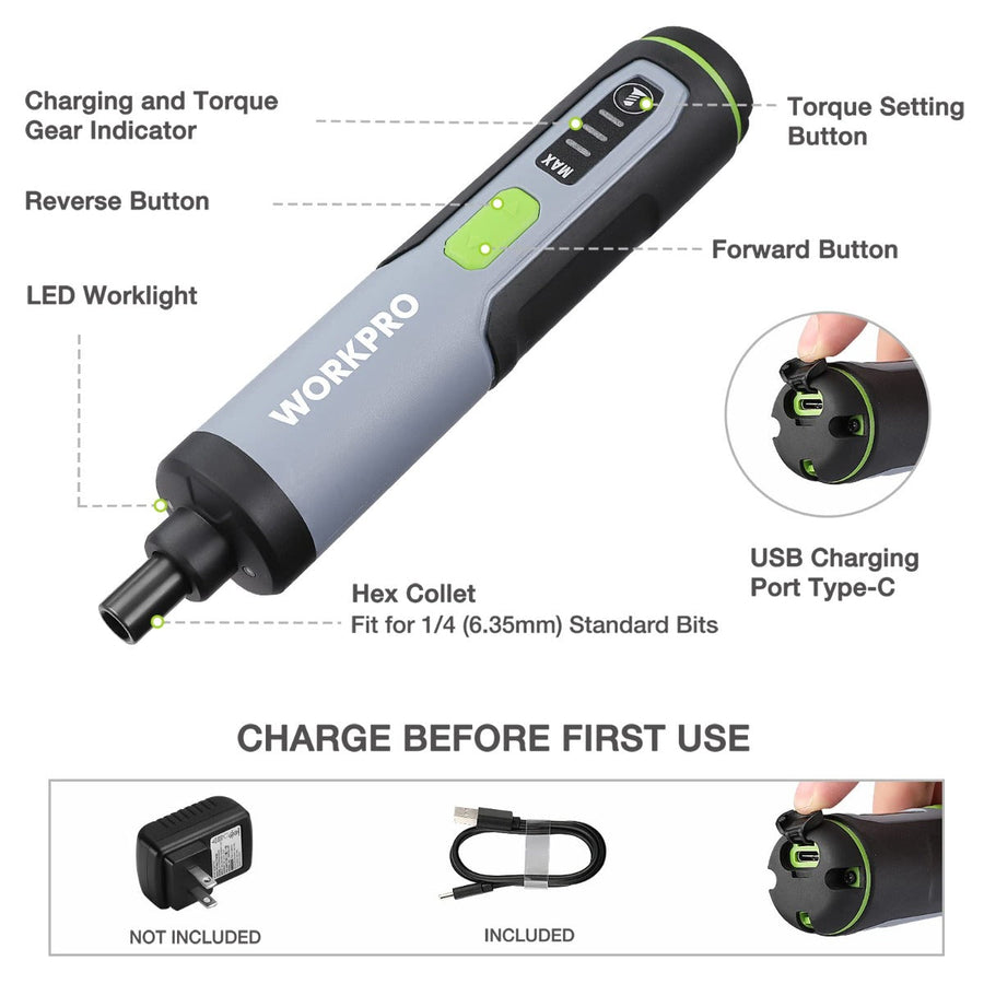 WORKPRO 4V Electric Screwdriver, Rechargeable Cordless Screwdriver Set with LED Light