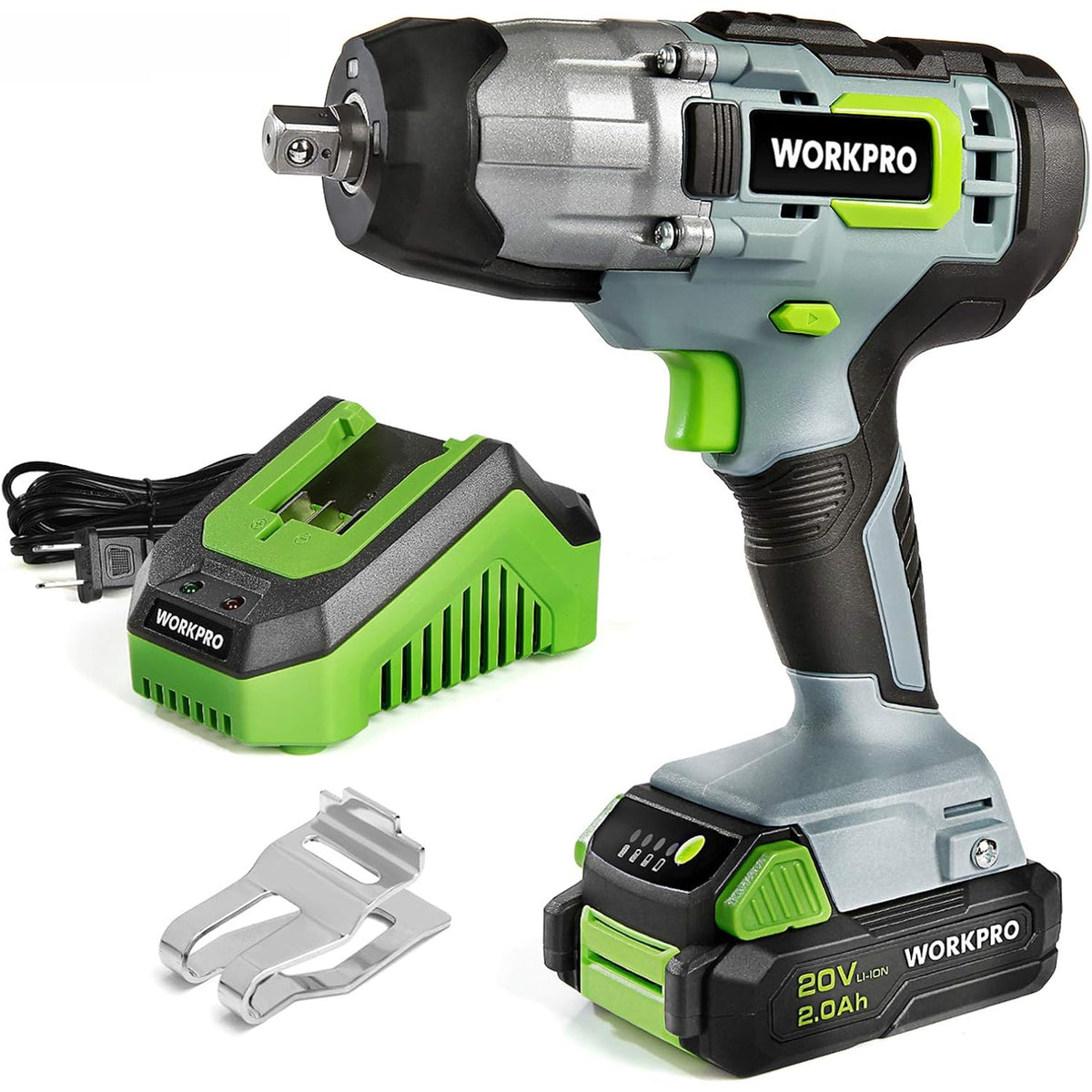 WORKPRO 20V Cordless Impact Wrench with Fast Charger Belt Clip for Easy Carrying