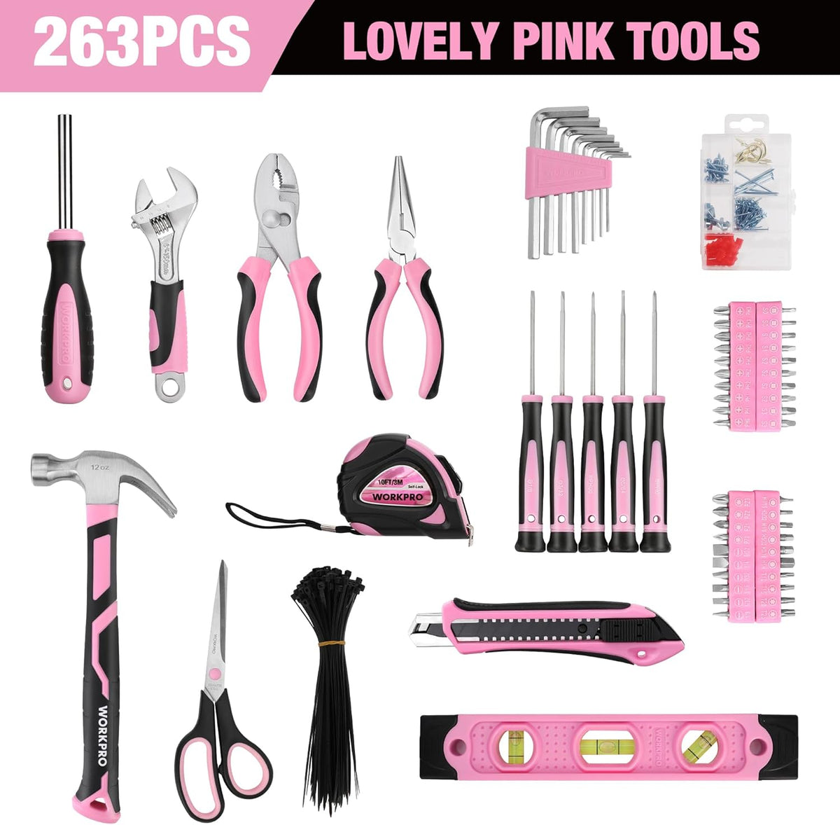 WORKPRO 263 Pcs Pink Tool Set with Wide Mouth Open Storage Bag - Pink Ribbon