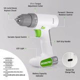 WORKPRO 12V Cordless Drill Driver Set with 6 Pcs Bits, 3/8-Inch Keyless Chuck, Variable Speed, 18 Touque Setting, White
