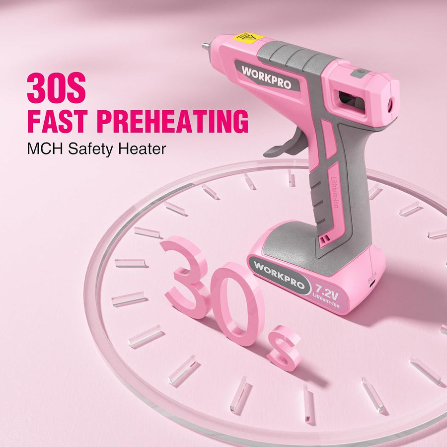 WORKPRO 7.2V Cordless Hot Melt Glue Gun Kit - Pink Ribbon