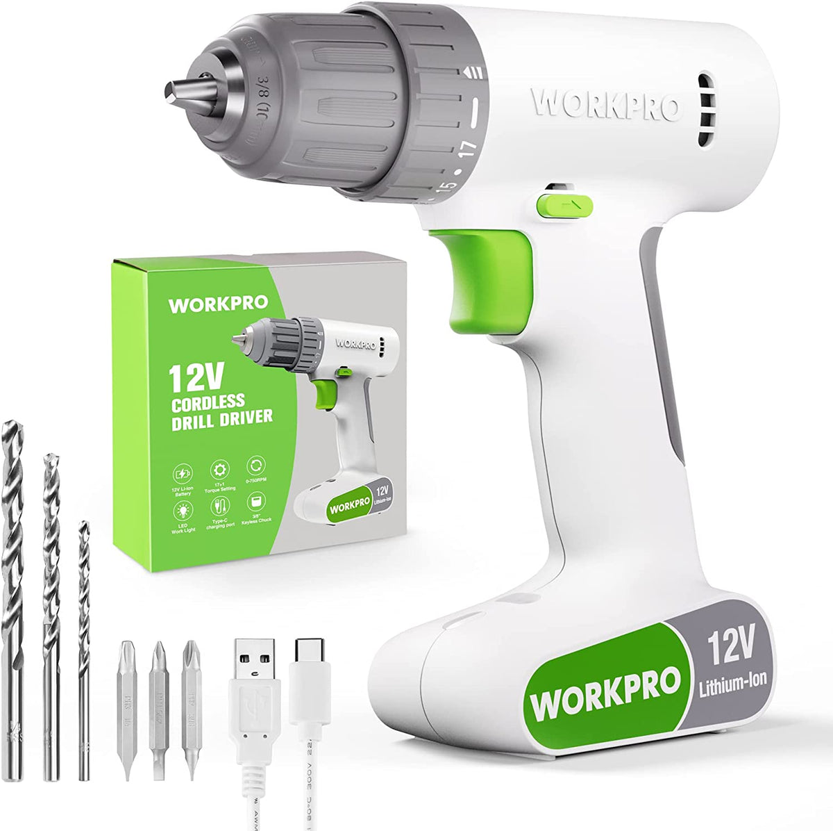 WORKPRO 12V Cordless Drill Driver Set with 6 Pcs Bits, 3/8-Inch Keyless Chuck, Variable Speed, 18 Touque Setting, White