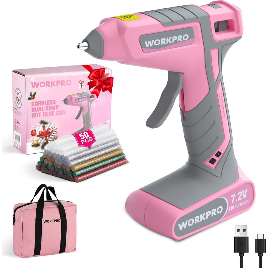 WORKPRO Cordless Hot Glue Gun, 7.2V Glue Gun with 50 Pcs Premium Mini Glue Sticks and Storage Bag, 2600mAh Type-C Rechargeable, Dual-Temp Hot Glue Gun Kit for DIY, Crafting and Arts - Pink Ribbon