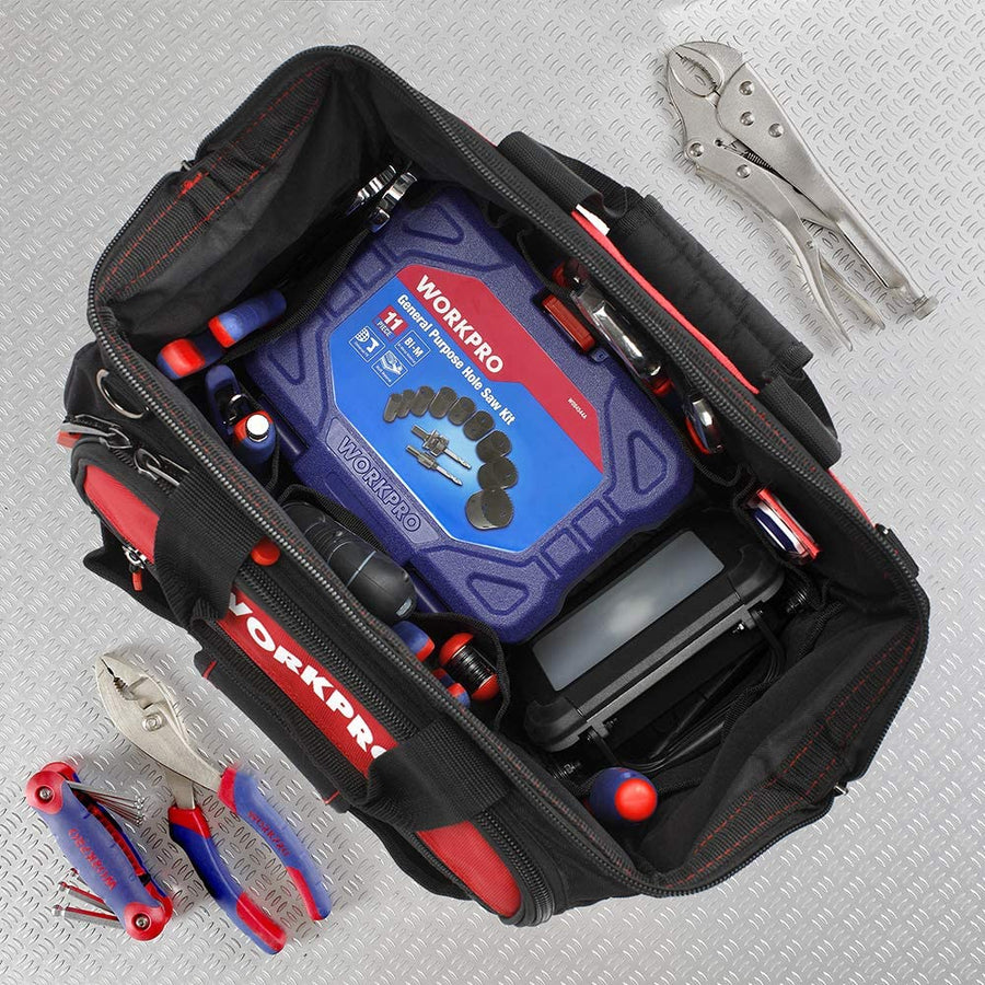 WORKPRO 16" Top Wide Mouth Tool Bag with Water Proof Rubber Base, Multi-Compartment, 46 Pockets