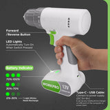 WORKPRO 12V Cordless Drill Driver Set with 6 Pcs Bits, 3/8-Inch Keyless Chuck, Variable Speed, 18 Touque Setting, White