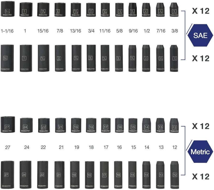 WORKPRO 55 Pcs 1/2" Drive Impact Socket Set with Extension Bars, Premium Cr-V Steel, SAE and Metric Sockets with Enhanced Storage Case