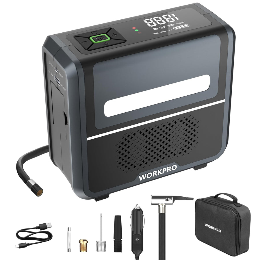 WORKPRO Tire Inflator Portable Air Compressor, 12V 7500mAh, Dual Power