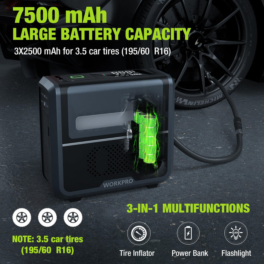 WORKPRO Tire Inflator Portable Air Compressor, 12V 7500mAh, Dual Power