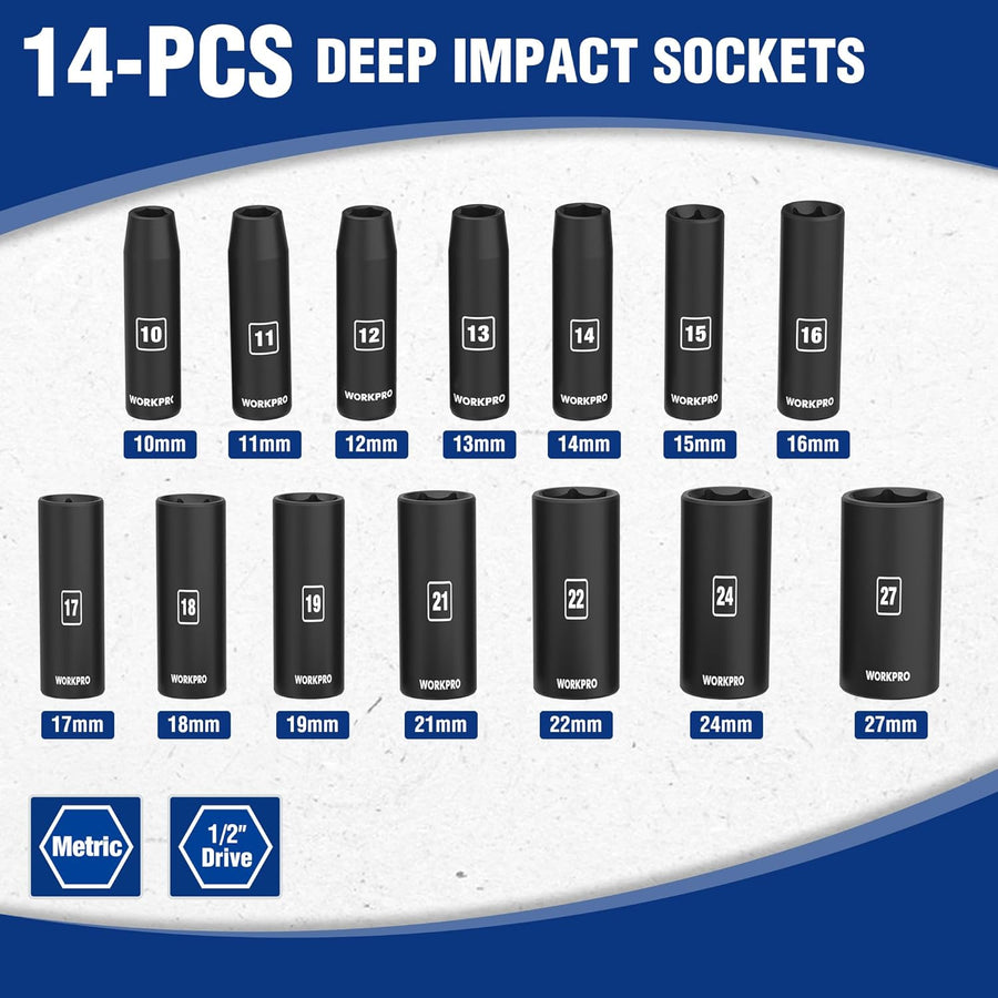 WORKPRO 14-Piece 1/2" Drive Deep Impact Socket Set, 6-Point Impact Deep Socket Set with Heavy Duty Storage Case for Automotive and Mechanical Repairs, 10mm-27mm, Cr-V Steel, Metric