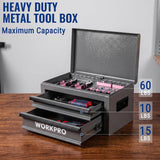 WORKPRO 15 Inch Heavy Duty Metal Tool Box with 2 Drawers & 1 Top Storage, Grey