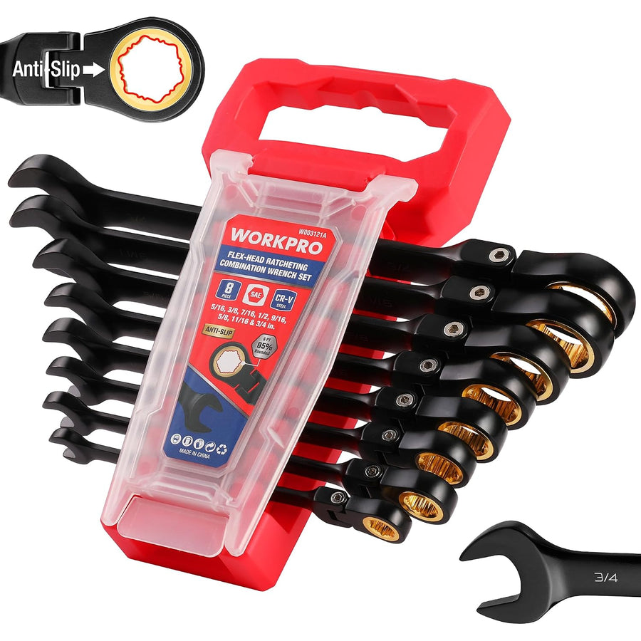 WORKPRO 8-piece Flex Head Ratcheting Wrench Set, Anti-slip Set SAE 5/16-3/4 inch, 72-Teeth, Cr-V Constructed, Black Electrophoretic Coating with Rack Organizer