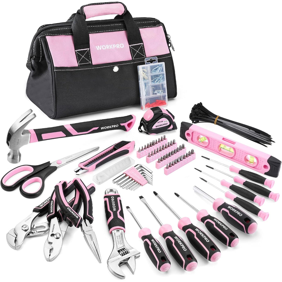 WORKPRO 277 Pcs Pink Tool Set with Wide Mouth Open Storage Bag - Pink Ribbon