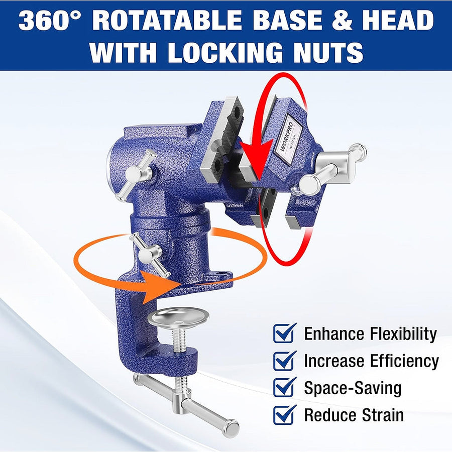 WORKPRO Dual Jaws Table Vise 2.5" & 1.5", 360° Swivel Clamp-On Bench Vise for Woodworking, Metalworking, DIY, Multi-position Small Portable Vise, Mini Vice Clamp for Workbench, Golf Club Regripping