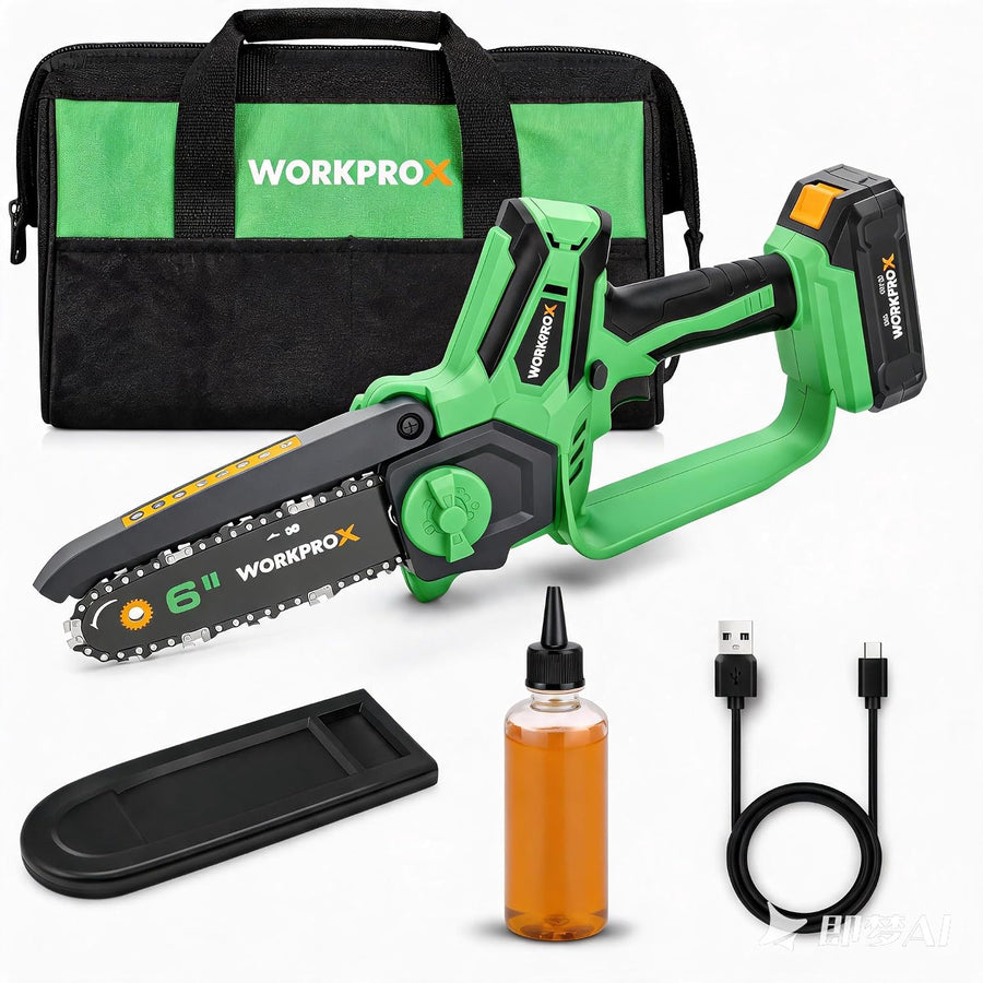 WORKPROX 20V Cordless 6 inch Electric Mini Chainsaw with Type-C Fast Charging 2.0Ah Battery