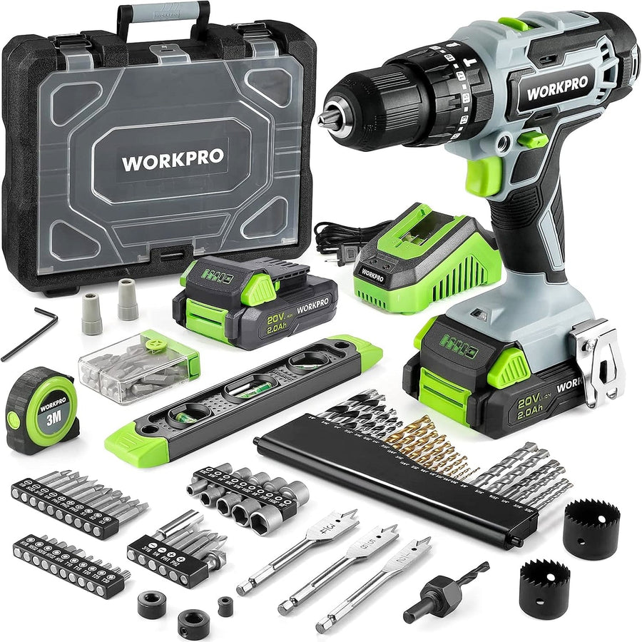 WORKPRO 20V Max Cordless Drill Driver Set, Electric Power Impact Drill Tool with 102 Pieces Accessories, 2 x 2.0Ah Li-ion Batteries with Fast Charger