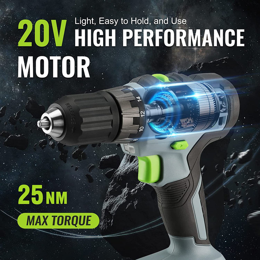 WORKPRO 20V Cordless Drill Driver Kit, 2.0 Ah Li-ion Battery, 1 Hour Fast Charger and 11-inch Green Storage Bag Included
