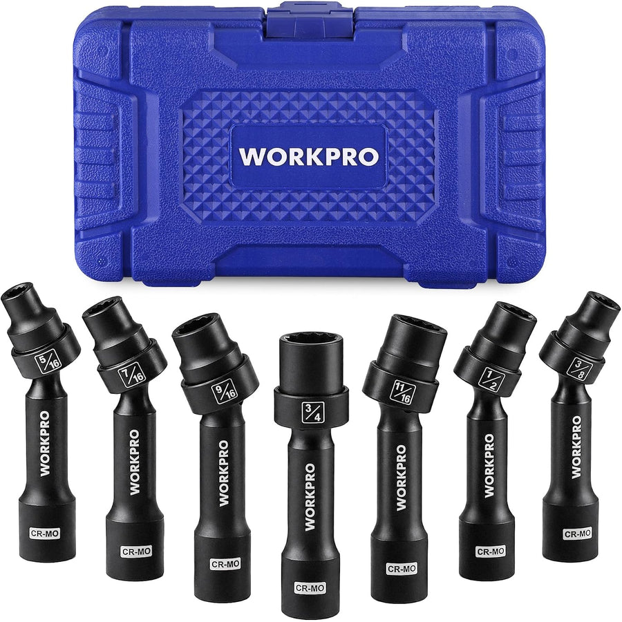 WORKPRO 7PCS 1/2" Drive Driveline Socket Set with Storage Case | 12-Point SAE Swivel Socket, CR-MO Steel Driveline Limited Clearance Socket Set for Automotive and Mechanical Use