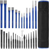 WORKPRO 30 PCS Heavy Duty Punch and Chisel Set with Roll Pouch, Cold & Cape Chisel, Center, Pin & Taper Punch, and Gauge, Blackened and Painted Finish for Durability