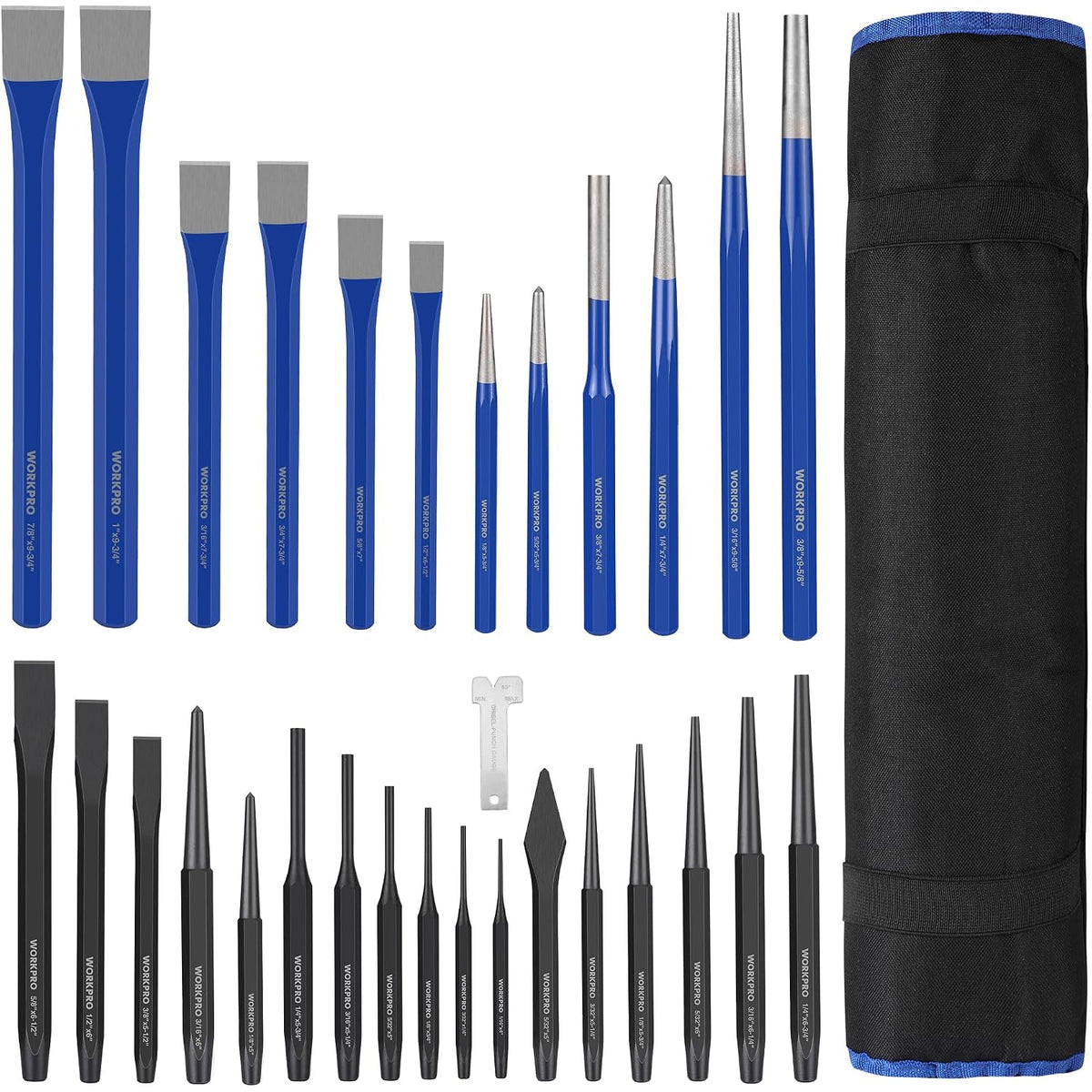 WORKPRO 30 PCS Heavy Duty Punch and Chisel Set with Roll Pouch, Cold & Cape Chisel, Center, Pin & Taper Punch, and Gauge, Blackened and Painted Finish for Durability