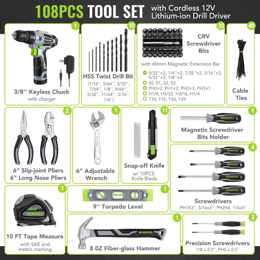 WORKPRO 108-Piece Portable Tool Set with Power Drill, Grey