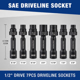 WORKPRO 7PCS 1/2" Drive Driveline Socket Set with Storage Case | 12-Point SAE Swivel Socket, CR-MO Steel Driveline Limited Clearance Socket Set for Automotive and Mechanical Use