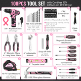 WORKPRO 108-Piece Portable Tool Set with Power Drill - Pink Ribbon