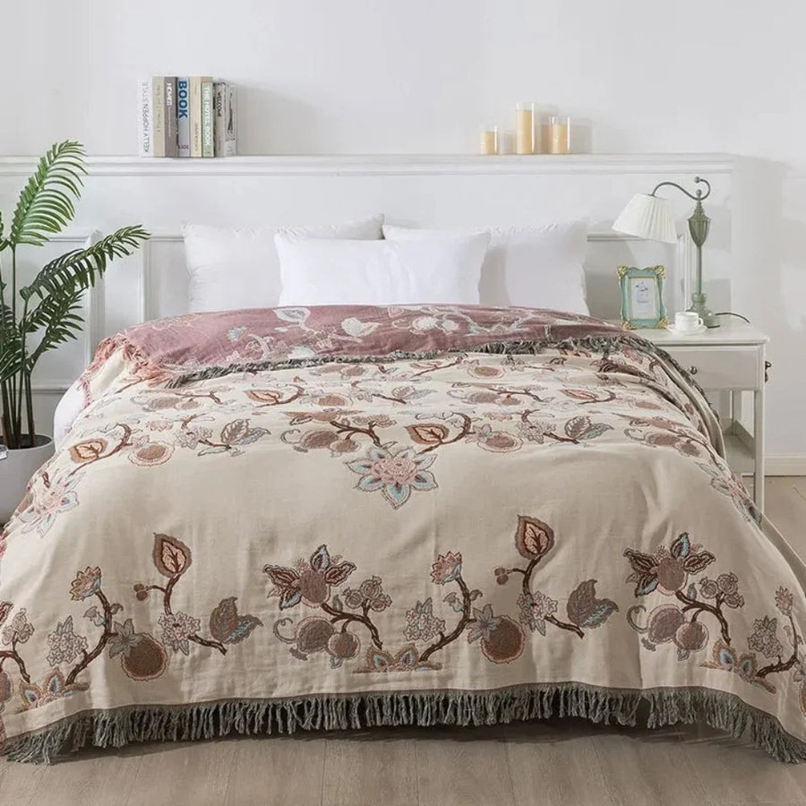 Bed Blanket Cotton Jacquard Floral Tassel Trim