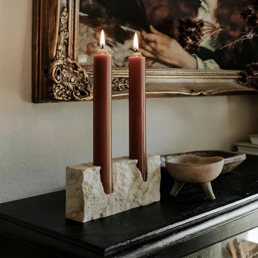 Candle Holder Travertine Stone Holds Two Taper Candles