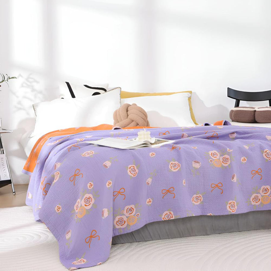 Cotton Gauze Blanket Lightweight Reversible Bow-Knot & Rose Motifs