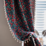 Curtain Panel Cherry Blossom Print Tassel Trim Semi-Blackout