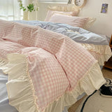 Duvet Cover Set Cotton Blend Gingham Ruffled Edges