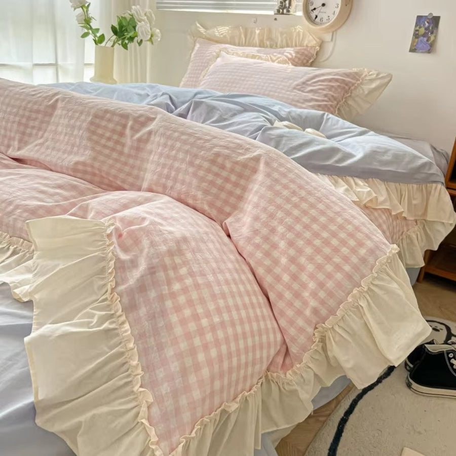 Duvet Cover Set Cotton Blend Gingham Ruffled Edges