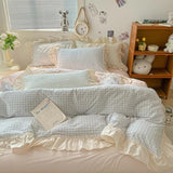 Duvet Cover Set Cotton Blend Gingham Ruffled Edges