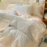 Duvet Cover Set Cotton Blend Gingham Ruffled Edges