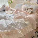Duvet Cover Set Cotton Blend Gingham Ruffled Edges