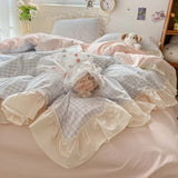 Duvet Cover Set Cotton Blend Gingham Ruffled Edges