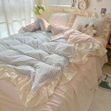 Duvet Cover Set Cotton Blend Gingham Ruffled Edges