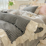 Duvet Cover Set Cotton Blend Gingham Ruffled Edges